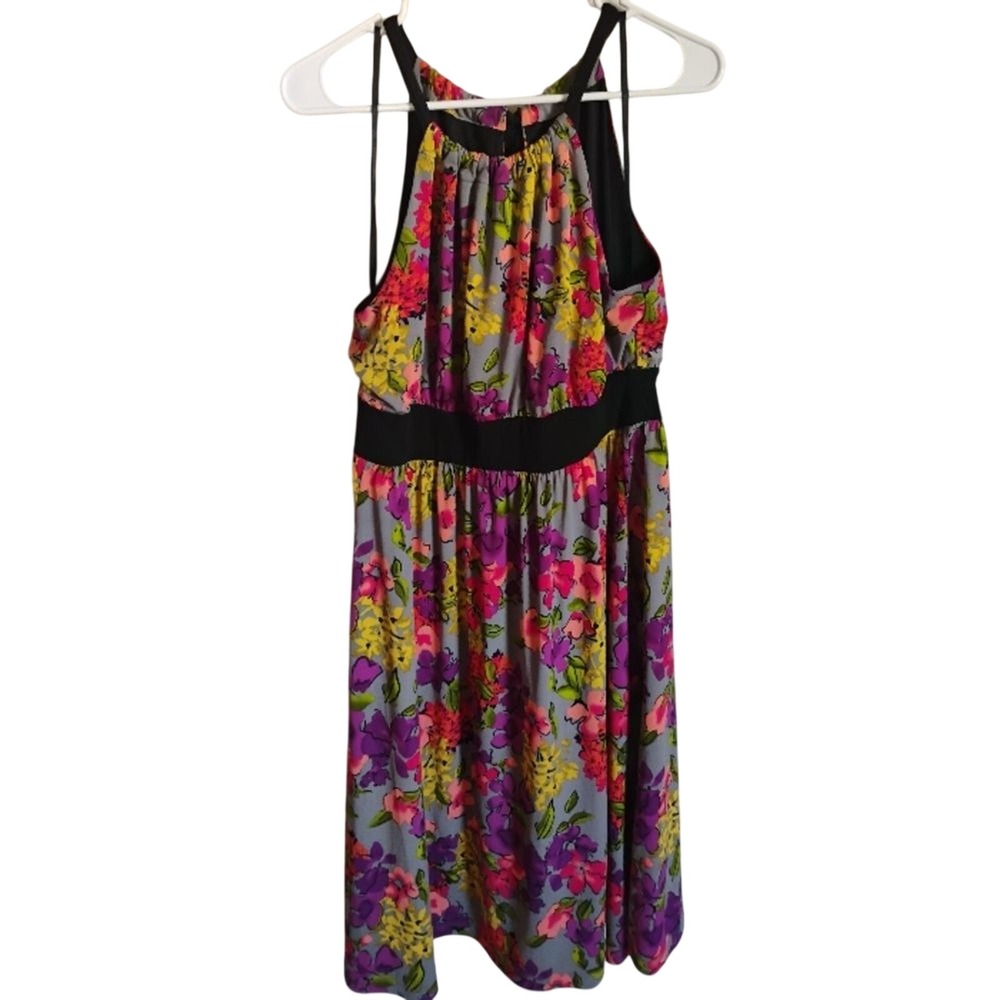 Apt. 9‎ Floral Halter Dress Womens Medium Gray Pink Purple Empire Waist Tie Back